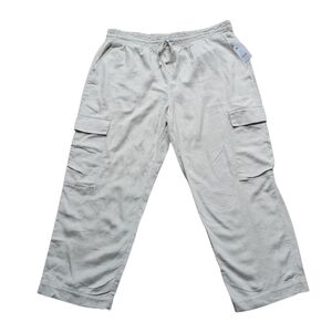 NWT Linen Cargo Straight Leg Pant XL Light Beige Elastic Waist Pockets
